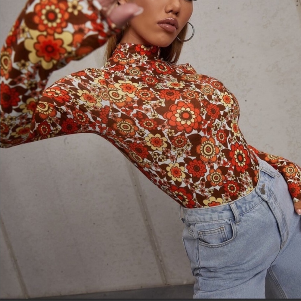 Floral Long Sleeve Bodysuit - Multicolor Gypsy Couture L NEW Boho Orange Brown - Picture 2 of 7